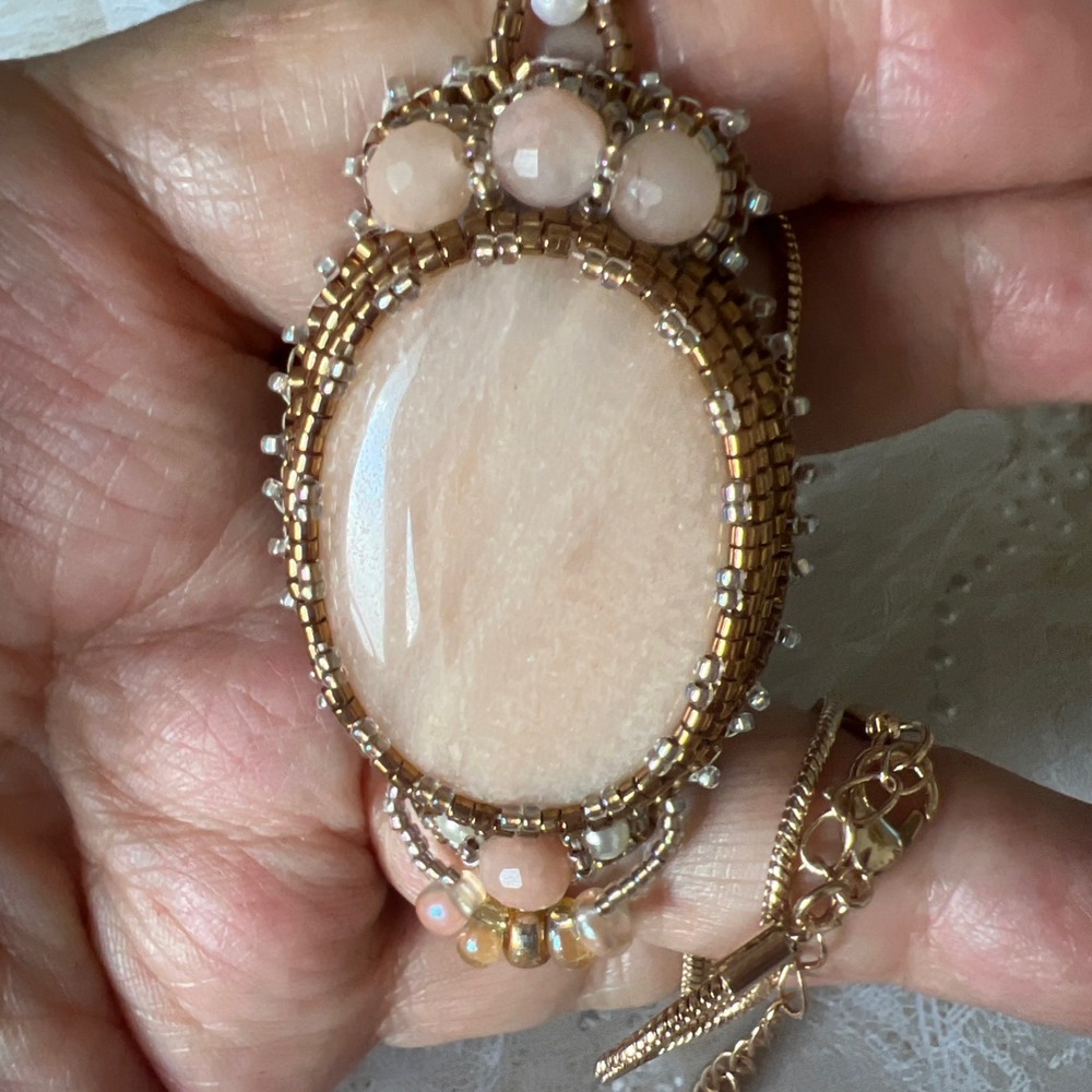 Handmade Bead Embroidery Peach Quartz Pendant Rose Gold Plated Necklace Boho